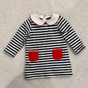 Jacardi Striped Long Sleeve Dress with Red Pockets
